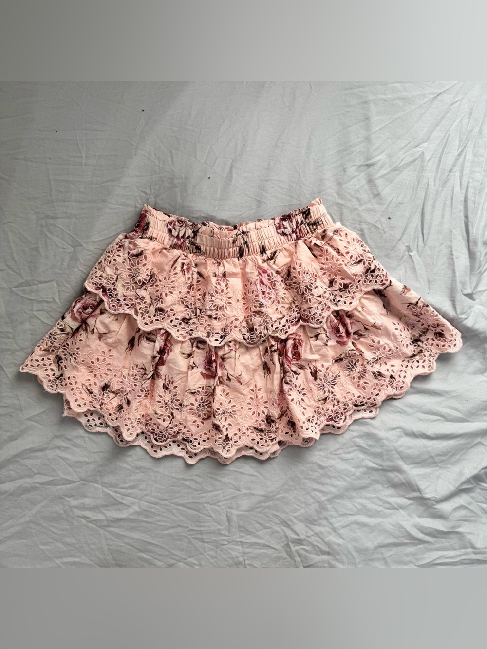 GAP x Love Shack Fancy Pink Floral Eyelet Tiered Mini Skirt
